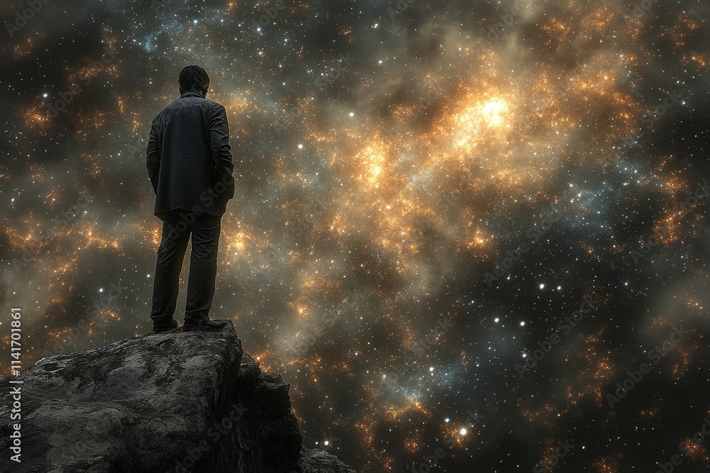 A contemplative man gazes into the vastness of space, immersed in a sea of stars and cosmic colors, reflecting ideas of ambition and wonder. A contemplative man gazes into the vastness of space, immersed in a sea of stars and cosmic colors, reflecting ideas of ambition and wonder.