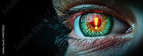 Abstract concept of a human eye with an exclamation mark glowing in the pupil, symbolizing heightened awareness, attention, and mental focus, clean surreal backdrop