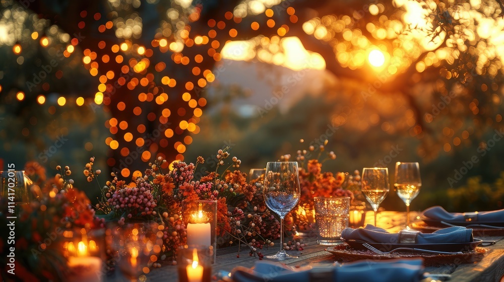 A beautifully set outdoor dining table at sunset, adorned with flowers and candles. A beautifully set outdoor dining table at sunset, adorned with flowers and candles.