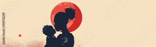 silhouette of an African American mother holding her baby, against the backdrop of a red moon