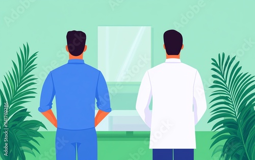 Two men facing away, doctor and patient.