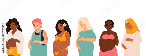 A beautiful illustration of diverse pregnant individuals showcasing inclusivity, motherhood, and strength in different cultures and identities