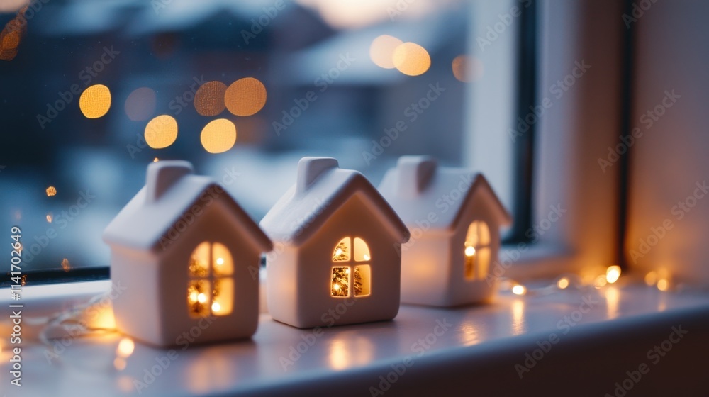 Festive Glow: Serene Scene of Cozy White Houses Illuminated by Holiday Lights Through Windows Festive Glow: Serene Scene of Cozy White Houses Illuminated by Holiday Lights Through Windows
