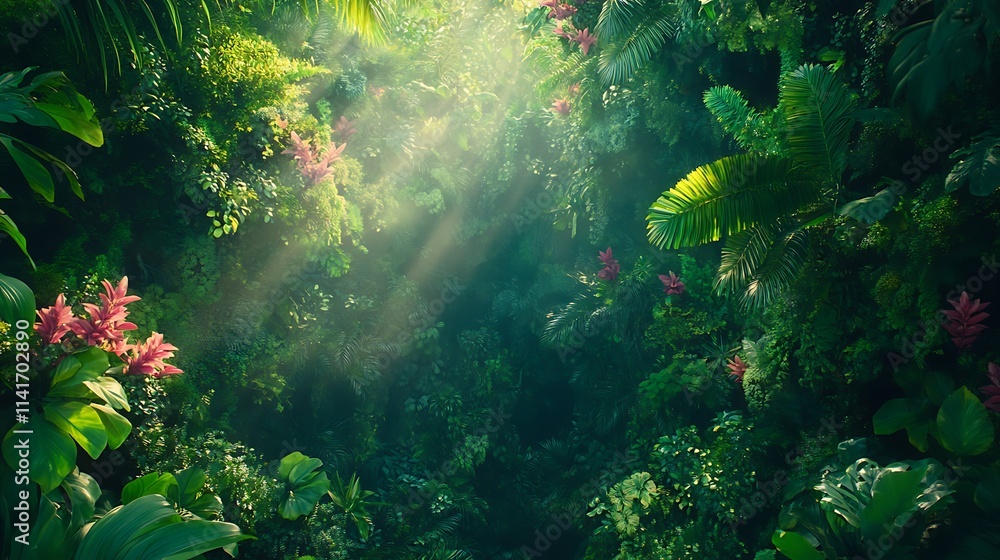 Obraz premium Sunbeams illuminate lush tropical foliage, creating a vibrant, green jungle scene.