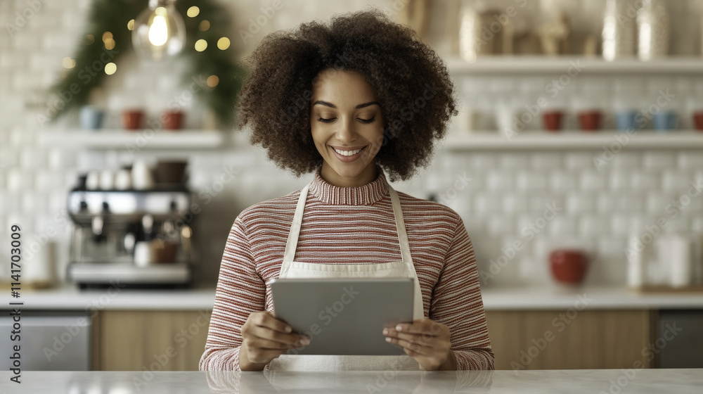 barista smiling while using tablet at cafe counter, showcasing warm and inviting atmosphere. cafe features modern design with decorative elements barista smiling while using tablet at cafe counter, showcasing warm and inviting atmosphere. cafe features modern design with decorative elements
