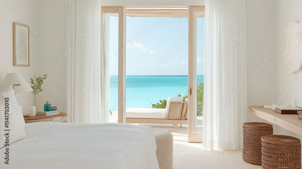A serene bedroom with stunning ocean view, featuring soft white decor and natural light streaming through large windows. tranquil atmosphere invites relaxation and peace A serene bedroom with stunning ocean view, featuring soft white decor and natural light streaming through large windows. tranquil atmosphere invites relaxation and peace