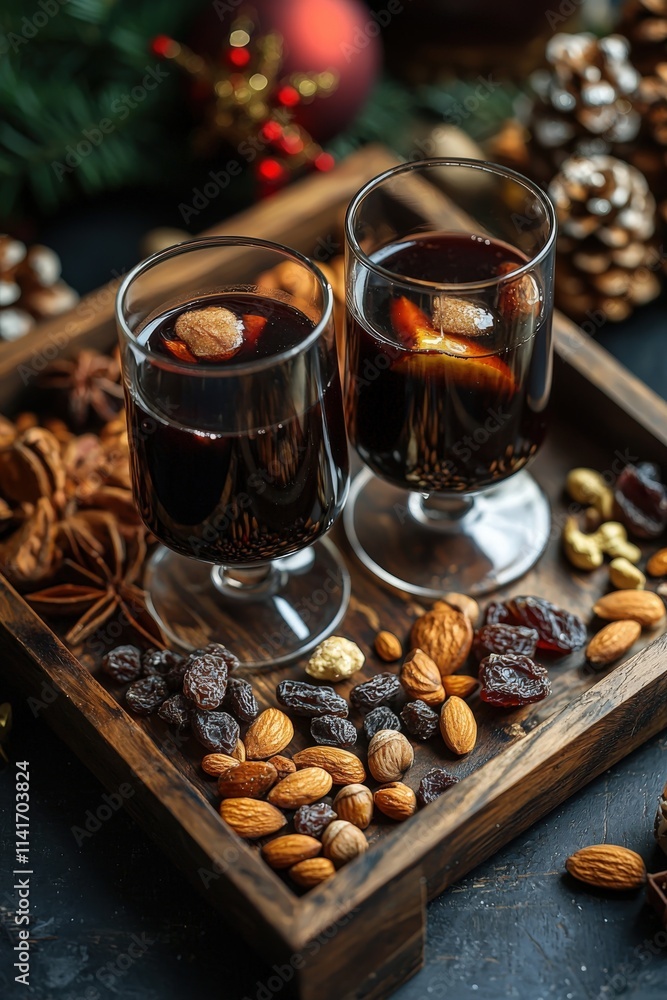 Festive drinks served with nuts and dried fruits during holiday celebrations Festive drinks served with nuts and dried fruits during holiday celebrations