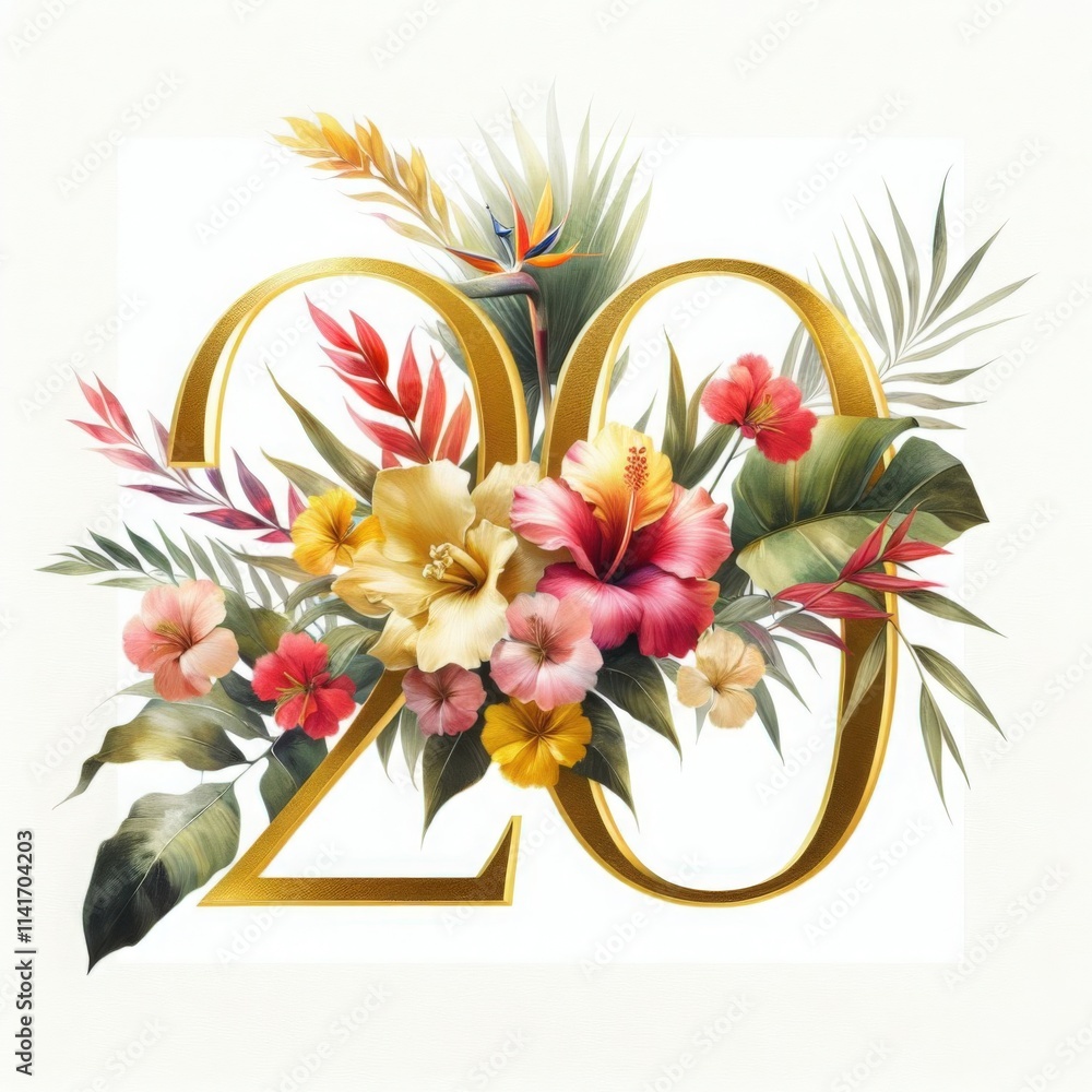 Obraz premium Golden number 20 with a vibrant watercolor bouquet of tropical leaves and flowers against a white isolated background