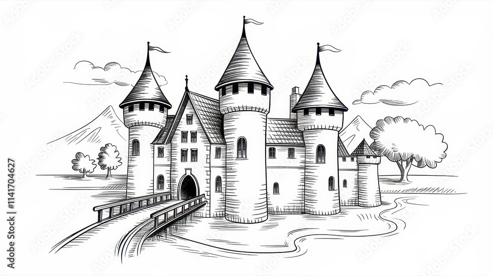 Obraz premium Majestic Castle Drawing With Bridge And Surrounding Landscape