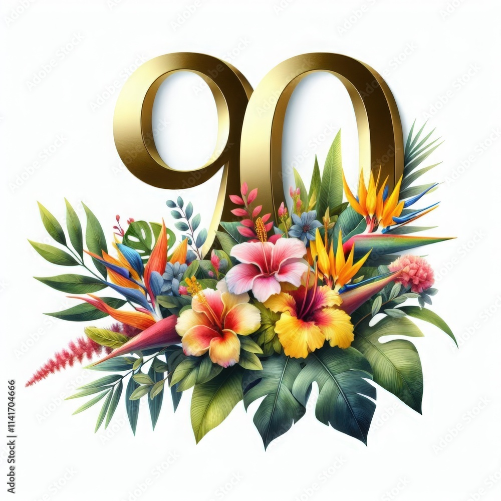 Obraz premium Golden number 90 with a vibrant watercolor bouquet of tropical leaves and flowers against a white isolated background