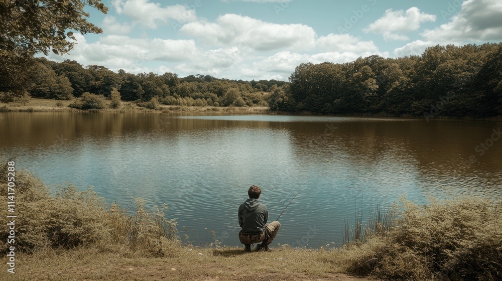 Person fishing at calm lake under blue sky. Person fishing at calm lake under blue sky.