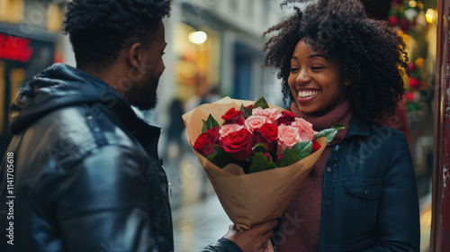 Joyful woman receiving roses man woman roses bouquet flowers red roses pink roses love romance Valentine Day affection happiness city street urban couple dating relationship gift surprise smiling