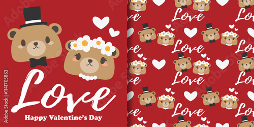 Valentine's day banner and seamless pattern of cute brown bear couple with Love text and white hearts on red background. Flat design for love or Valentines concept.