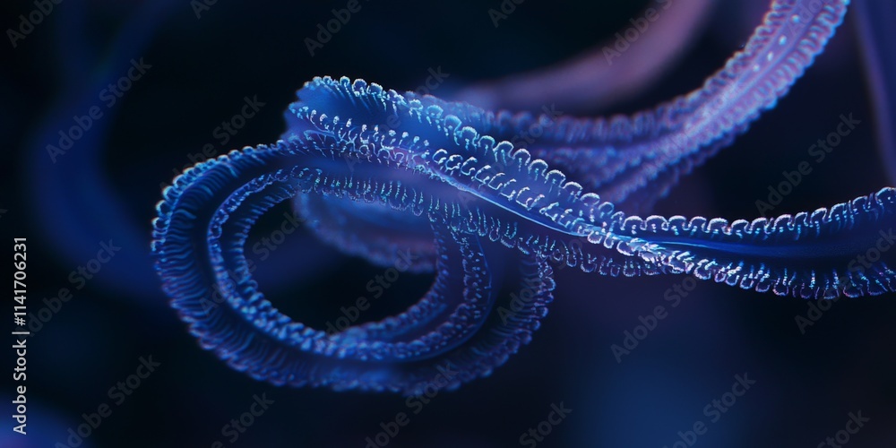 Beautiful Close-Up of a Transparent Jellyfish with Glowing Tentacles in Dark Ocean Water Beautiful Close-Up of a Transparent Jellyfish with Glowing Tentacles in Dark Ocean Water