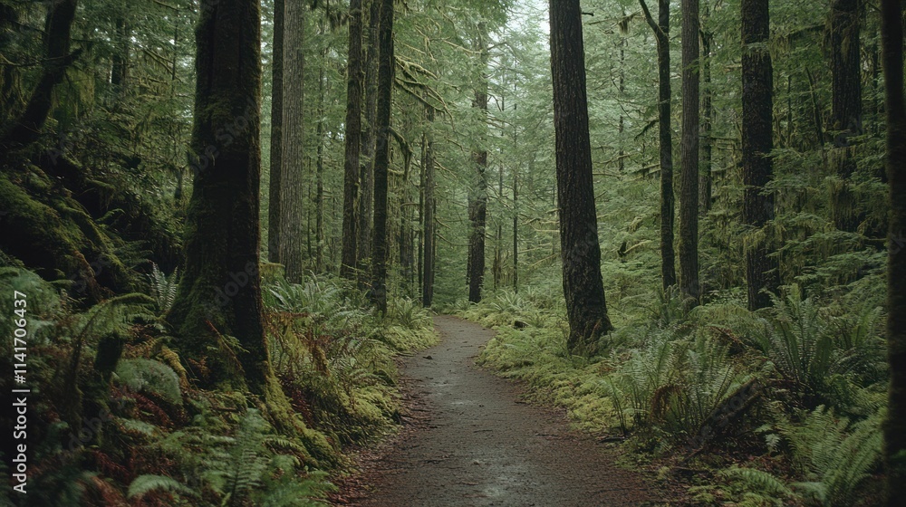Forest path curves through dense trees with moss, ferns. Forest path curves through dense trees with moss, ferns.