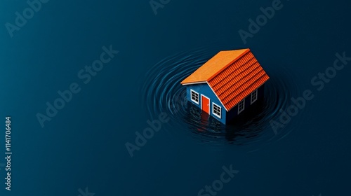 Submerged House: A small house, rendered in a minimalist 3D style, sits isolated in dark blue water, encircled by ripples. The scene evokes a sense of vulnerability and the impact of natural disaster.