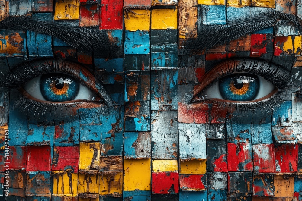 Close-up of striking blue and orange eyes set against a vibrant, colorful textured background resembling a mosaic. Close-up of striking blue and orange eyes set against a vibrant, colorful textured background resembling a mosaic.