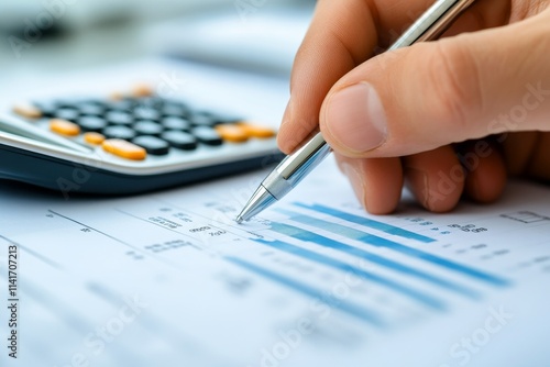 Businessman counting on calculator and reviewing budget on business plan, Generative AI