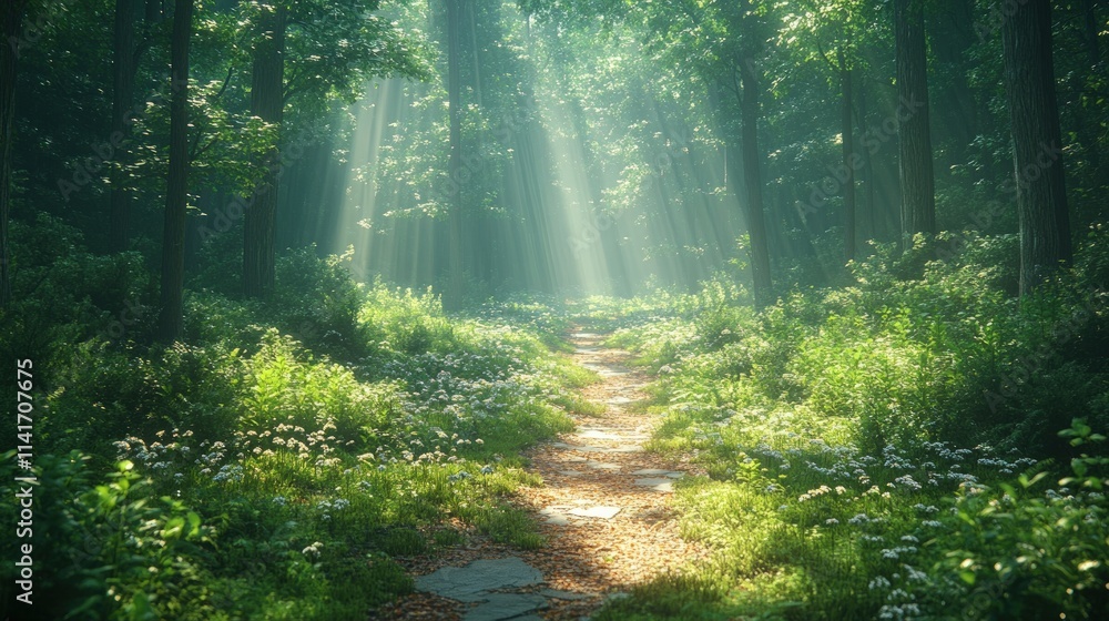 Sunlit forest path, stone walkway, green foliage. Sunlit forest path, stone walkway, green foliage.