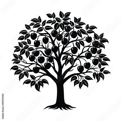 vector of Plum Tree (Prunus domestica) design, linocut silhouette illustration.