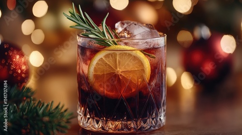 Festive cocktail with lemon and rosemary surrounded by holiday decorations photo