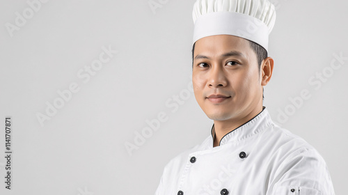 portrait of a smiling male chef in a white chef hat and uniform  on a white background