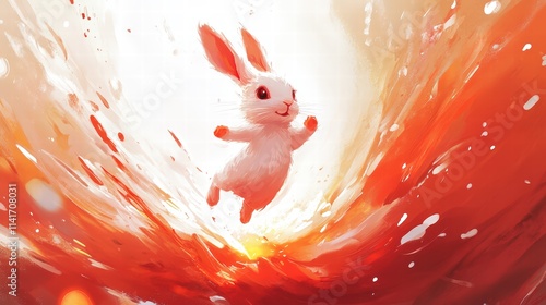 Whimsical Cartoon Rabbit Jumping Through Vibrant Swirling Colors