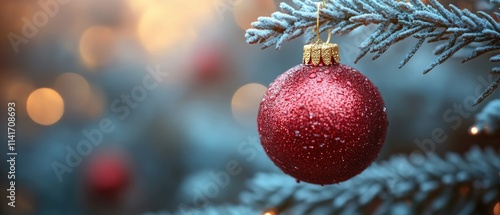 A close-up of a sparkling red Christmas ornament hanging from a frosted pine branch.