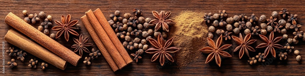 Various spices arranged on a wooden surface highlighting their colors and textures Various spices arranged on a wooden surface highlighting their colors and textures