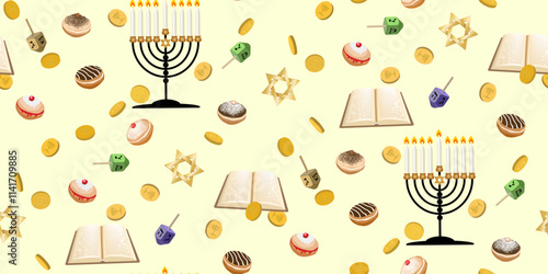 Seamless pattern with menorah, star of David, dreidels and gold coins. Traditional symbol of Israel isolated on white background. Hanukkah background.Template for banner, poster, web, textile. Vector
