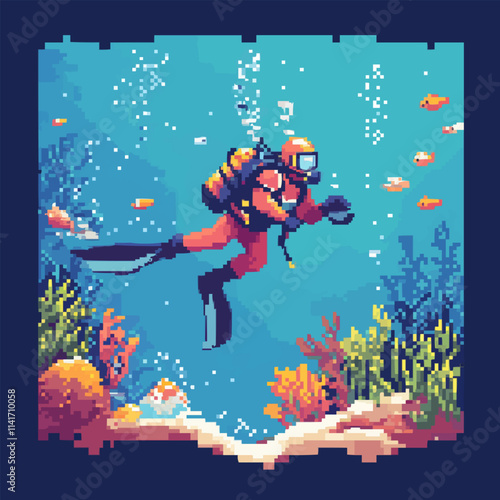 Illustrate pixel art undersea adventures with scuba divers and coral reefs, vector icon design, flat style.