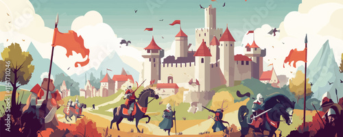 Medieval fantasy. Knights, castles, mythical creatures, and epic battles, creating a rich and detailed medieval world, vector illustration, flat style.