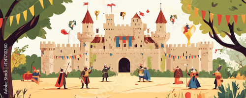 Medieval celebration. Majestic castles, brave knights, playful jesters, and festive decorations, capturing the charm of a medieval celebration, vector illustration, flat style.