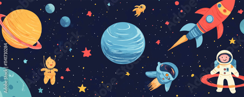 Outer space. Colorful planets, cheerful astronauts, playful aliens, and whimsical rockets, depicting the fun of space exploration, vector illustration, flat style. photo