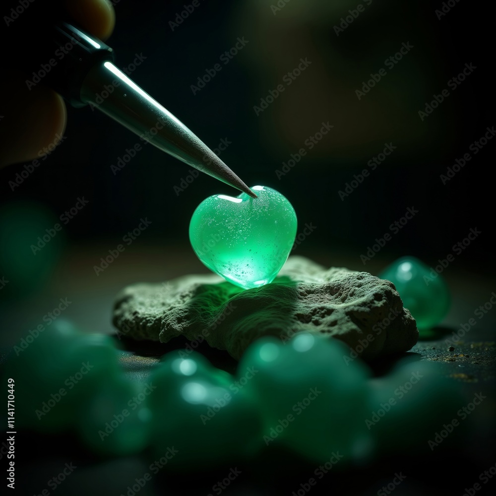 Glowing heart. A glowing green heart-shaped object being held by tweezers.