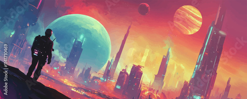 Retro sci-fi worlds. Futuristic cityscapes, colorful planets, and dynamic space scenes with a nostalgic twist cover 80s 60s 90s