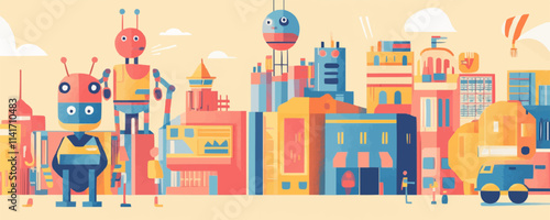 Retro toy shops. Colorful toys, cheerful shopkeepers, playful displays, and vibrant decorations, capturing the charm of a vintage toy store, vector illustration, flat style.