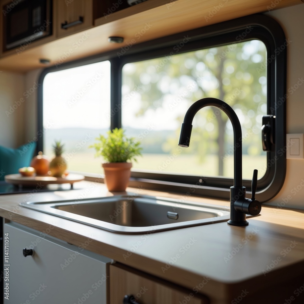 Modern RV Kitchen Interior. Stylish stainless steel sink with black gooseneck faucet in minimalist camper van kitchen, featuring wooden countertop, window view, and decorative elements.