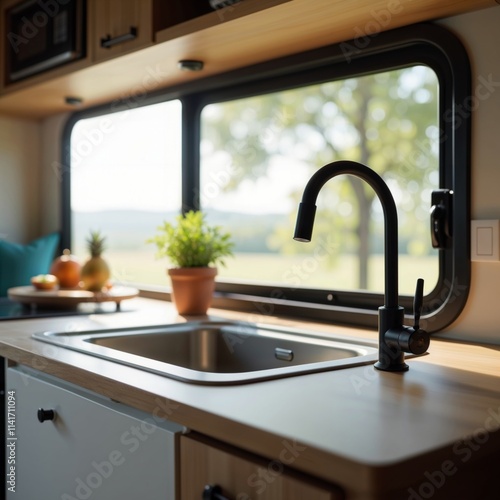Obraz na płótnie Modern RV Kitchen Interior. Stylish stainless steel sink with black gooseneck faucet in minimalist camper van kitchen, featuring wooden countertop, window view, and decorative elements. w salonie