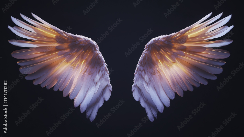 Obraz premium Glowing transparent wings displayed against dark background, showcasing intricate feather details and soft gradient of colors. ethereal beauty evokes sense of wonder and fantasy
