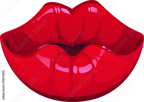 Cartoon red lips, valentines day holiday symbol of kiss, love, romance, passion and affection. Vector glossy women lips showcasing sensuality and glamour, conveys themes of beauty, fashion and makeup