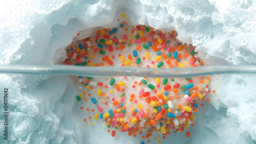 Multicolored pieces of microplastic in Ice.Concept for microplastic water pollution and global warming.Plastic pollution, environmental and ecological concept. photo