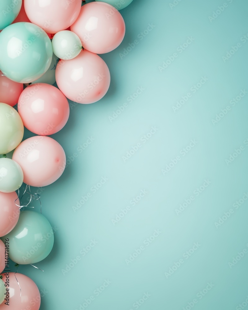 Pastel Dream A Whimsical Arrangement of Balloons on a Serene Aqua Backdrop Pastel Dream A Whimsical Arrangement of Balloons on a Serene Aqua Backdrop