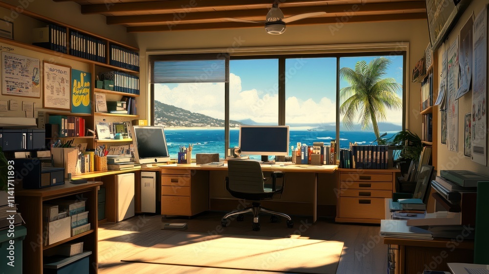 Bright office overlooks ocean with desk, shelves, and computers. Bright office overlooks ocean with desk, shelves, and computers.