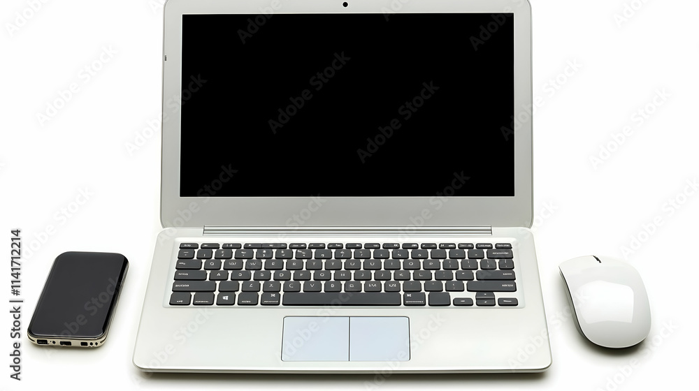 Laptop, smartphone, and wireless mouse on white background. Laptop, smartphone, and wireless mouse on white background.