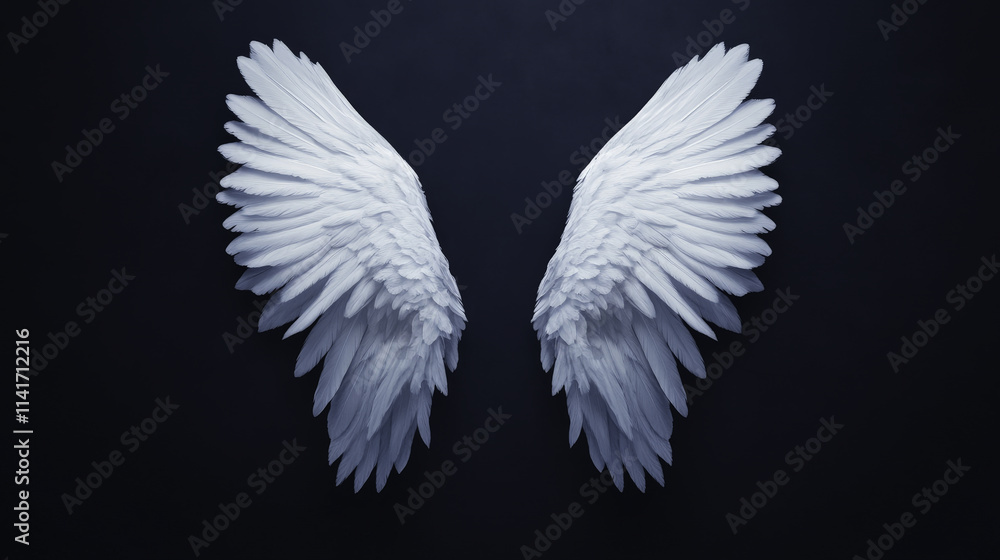 Ethereal white angel wings glowing faintly against dark background, creating mystical and serene atmosphere. Perfect for themes of spirituality and beauty Ethereal white angel wings glowing faintly against dark background, creating mystical and serene atmosphere. Perfect for themes of spirituality and beauty