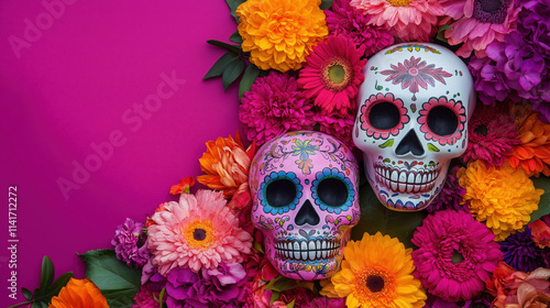 Colorful sugar skulls and vibrant flowers on a pink background celebrating Dia de los Muertos