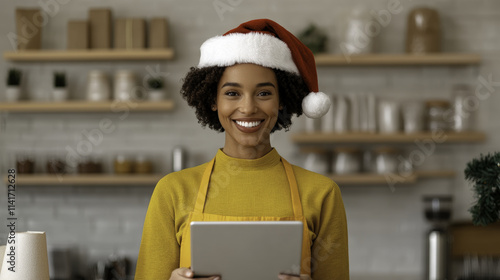 Friendly barista wearing Santa hat, smiling while holding tablet in cozy cafe. warm atmosphere and festive spirit create joyful scene