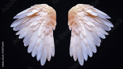 Glowing angel wings with delicate feathers, showcasing intricate details and soft color palette. wings appear ethereal against dark background, evoking sense of wonder and beauty