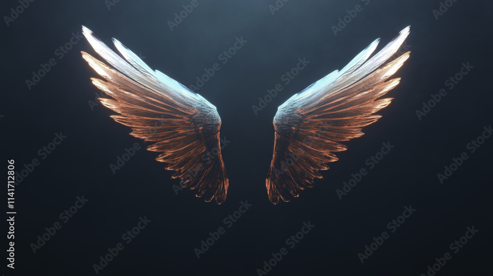 Obraz premium Glowing transparent wings with intricate details, floating gracefully in dark background, evoke sense of wonder and ethereal beauty